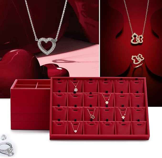 Oirlv Gorgeous Red Leather Ring Organizer Tray Jewelry Display Tray Stackable