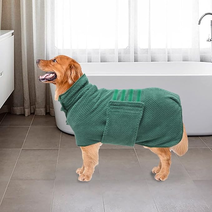 Geyecete Pineapple Grid Fast Drying Super Absorbent Dog Cat Bath Robe Towel - Green-L