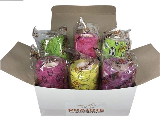 Prairie Horse Supply 3 Inch Vet Wrap Tape Bulk (Assorted Patterns) (Pack of 6) Self Adhesive Adherent Adhering Flex Bandage Grip Roll Dog Cat