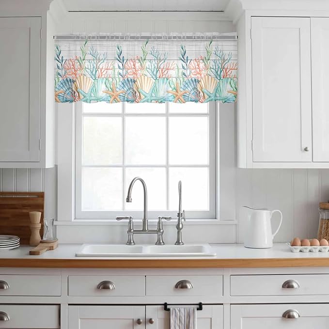 Summer Beach Sheer Valance Curtains, Ocean Colorful Coral Shell Seaweed