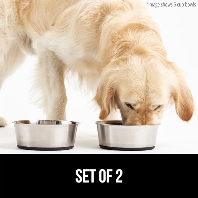 GORILLA GRIP Set of 2 Dog Bowls, Holds 6 Cups (48 fl oz), Heavy Duty Metal Food and Water Bowl for Feeding Dogs and Cats, Dishwasher Safe, Rust Resistant Stainless Steel, BPA Free Rubber Base, Black