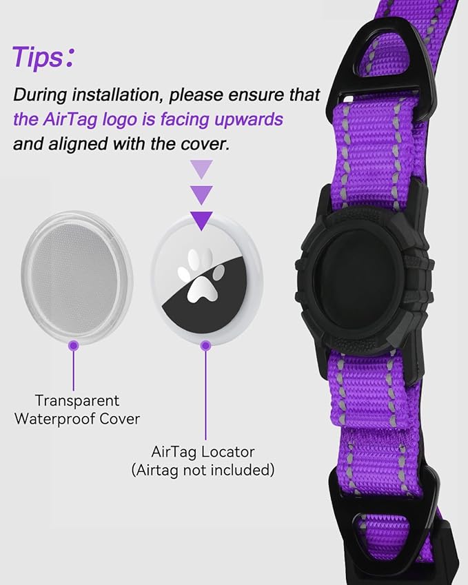 Joytale Airtag Dog Collar, Reflective Pet Collar with Waterproof AirTag Holder, Dual D-Rings, Soft Padded Adjustable for Large Dogs, Purple, L