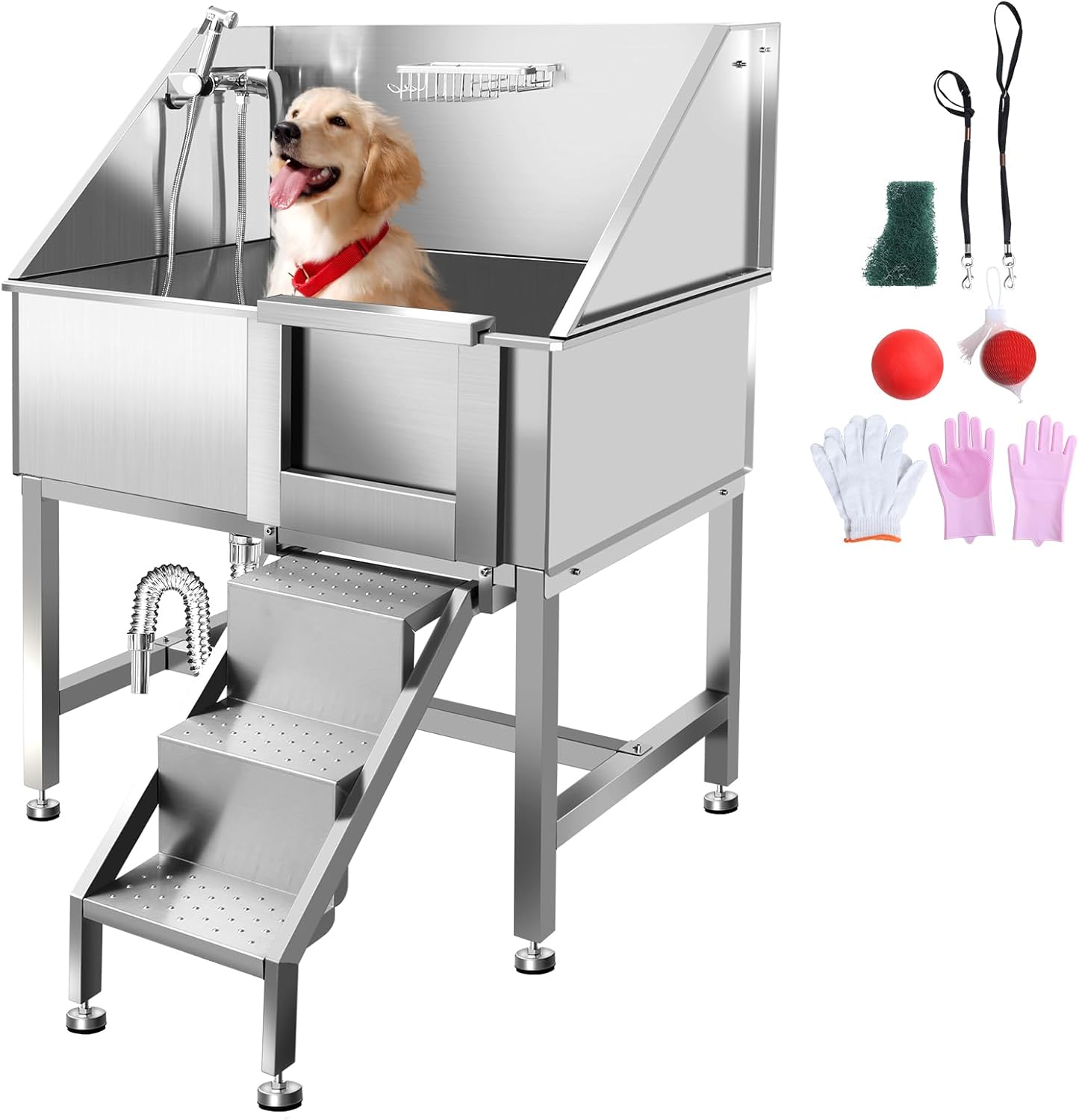 Dog Washing Station 38'' Stainless Steel Pet Grooming Tub for Large Dogs Over-Size Professional Dog Grooming Bathtub Station Wash Shower Sink Pet Grooming Bathtub Station,Right Door