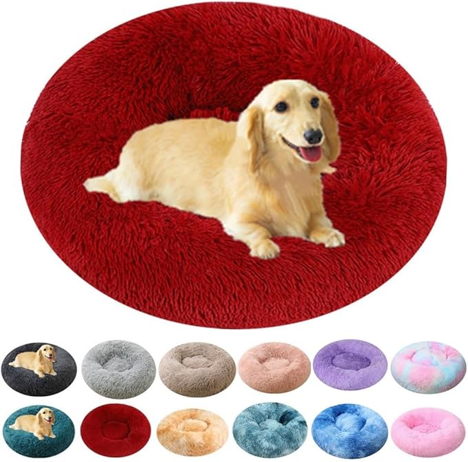 Donut Dog Bed Cat Bed 20 Inch - Multi-Size Round Fluffy Dog Beds for Small Dogs and Cats, Anti-Anxiety Donut Dogs Cuddler Bed, Washable Pet Bed for Medium Cats (Red)