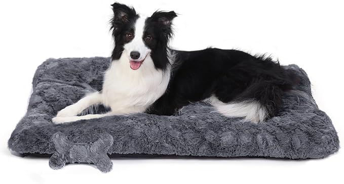 Washable Dog Bed for Small to Large Dogs, Calming Anti Anxiety Medium Dog Bed, Deluxe Plush Faux Fur Crate Beds, Comfy Fluffy Kennel Pad Pet Sleeping Mat Non-Slip Bottom, 35"x22", Dark Grey