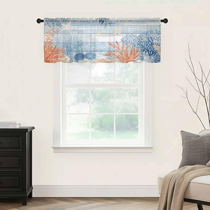 Ocean Corals Sheer Valance Curtains, Summer Beach Coral Sea Stars Blue Wood