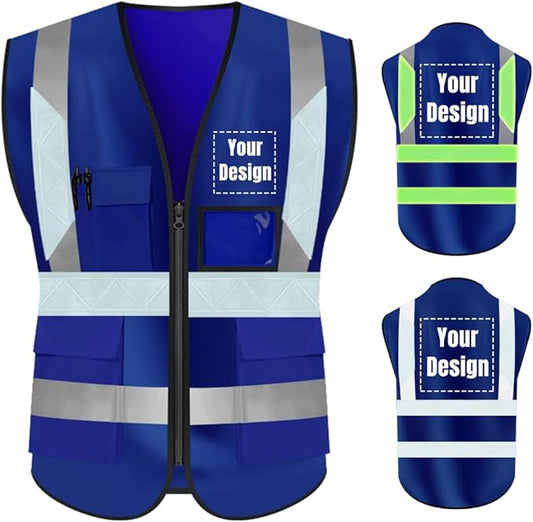 YOWESHOP High Visibility Safety Vest Custom Your Logo Protective Workwear 5 Pockets With Reflective Strips Outdoor Work Vest (L, Navy Blue Luminous)