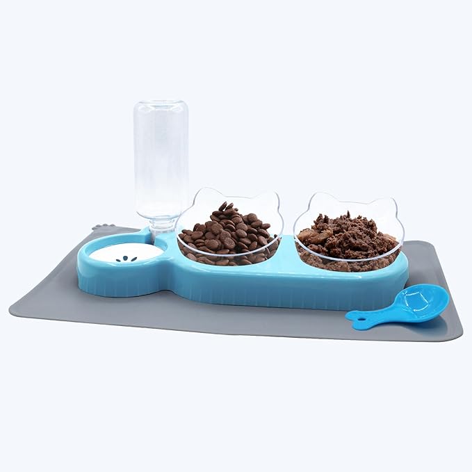 Triple Cat Bowls with Water Dispenser, Pet Whisker Friendly Water and Food Bowl Set with Non-Slip Mat, 15° Tilted Double Feeding Bowls, Elevated Wet and Dry Food Dish for Kitten&Small Dog (Blue)