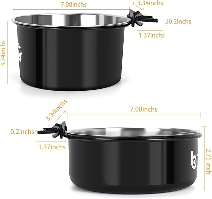 2 Pcs Large Pet Dog Food and Water Bowl Set for Cage, Stainless Steel Non-Spill Kennel Hanging Cats Pets Bowls Crate Feeder Dish with Clamp Holder for Medium Large Dogs Pets (7.1x3.7'' & 7.1x2.5'')