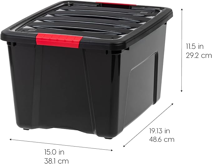 IRIS USA 40 Qt Stackable Plastic Storage Bins with Lids, 4 Pack - BPA-Free, Made in USA - Garage Organizing Solution, Latches, Durable Nestable Containers, Secure Pull Handle - Black