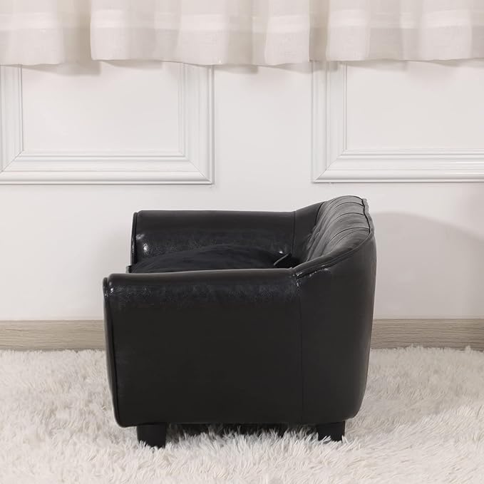 Dog Couch,Puppy Bed,Cat Sofa,Cat Couch,Pet Sofa,Dog Chair,Small Pet Bed with Copper Nail and Wooden Frame, Leather Fabric and Cushion,for Small Animals Using (Black)