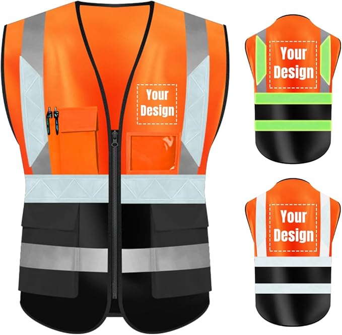 YOWESHOP High Visibility Safety Vest Custom Your Logo Protective Workwear 5 Pockets With Reflective Strips Outdoor Work Vest (M, Orange Black Luminous)