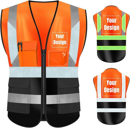 YOWESHOP High Visibility Safety Vest Custom Your Logo Protective Workwear 5 Pockets With Reflective Strips Outdoor Work Vest (4XL, Orange Black Luminous)