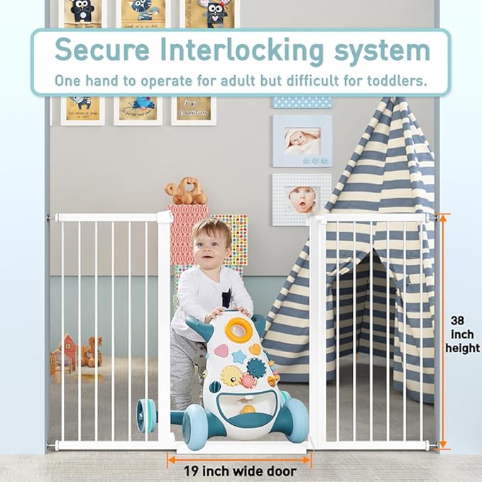 Fairy Baby 38" Extra Tall Baby Gate for Stairs, 76.4"-81.8" Extra Wide Large Pet Gate for Doorways, Metal Pressure Mounted Auto Close Safety Child Dog Gate Indoor for Toddler Kids or Pets, White