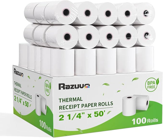 (100 Rolls) 2 1/4 x 50 Thermal Receipt Paper, White BPA-Free, Compatible with POS, Credit Card Terminals and Most Register Machines