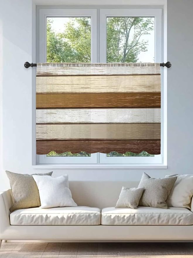 Sheer Curtains 45 Inch Length, Vintage Geometric Brown Semi Sheer Curtains