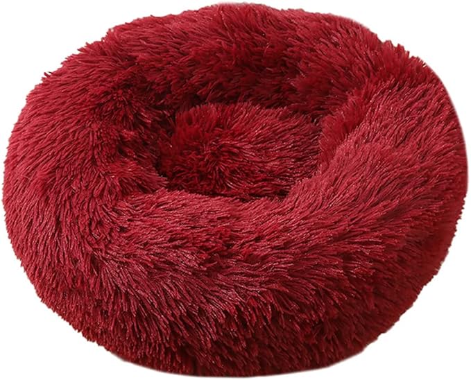 Calming Faux Fur Dog Beds Calming Donut Cuddler Dog Bed Washable Round Cat Bed Pillow Cuddler Fluffy Indoor Dog Calming Beds with Anti Slip Bottom Solid Color Dark Red 23 Inch