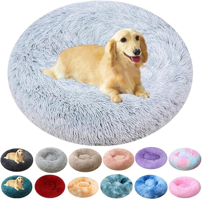 Donut Dog Bed Cat Bed, 20 Inch Round Fluffy Dog Beds for Small Dogs and Cats, Anti-Anxiety Donut Dogs Cuddler Bed, Washable Pet Bed for Medium Cats (Grey White)