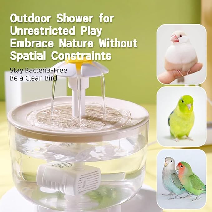 MANON ROSA Bird Bath for Parakeets - Small Bird Shower Bathing Fountain with Filtered Circulating Water Pool Sink for Parrots Lovebirds Conures Finches Cockatiels - Easy-Clean Pet Accessories (Clear)