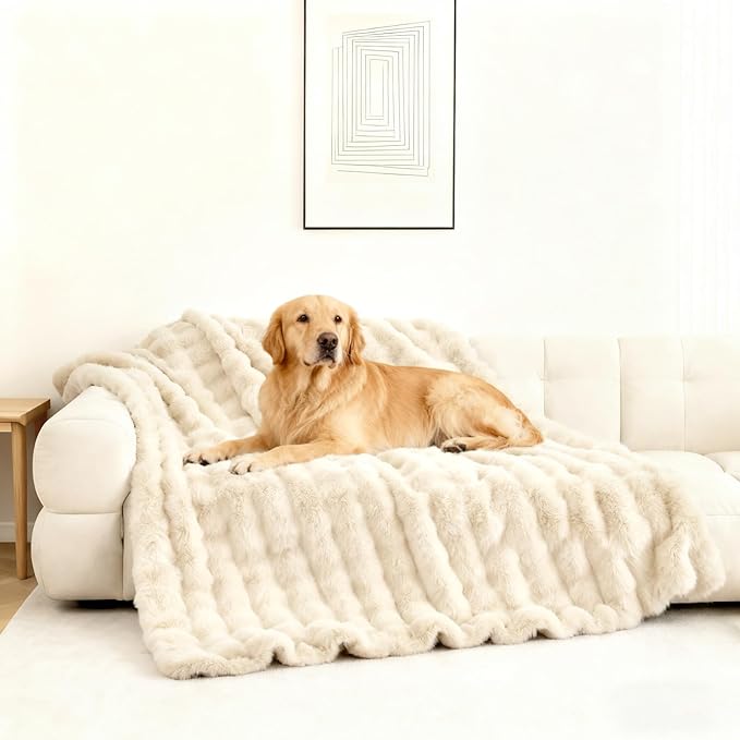Waterproof Dog Blanket for Sofa Bed Couch, Couch Cover Blanket Fluffy Faux Rabbit Fur Reversible Furniture Protection, Pet Blanket for Medium Large Dogs Cats