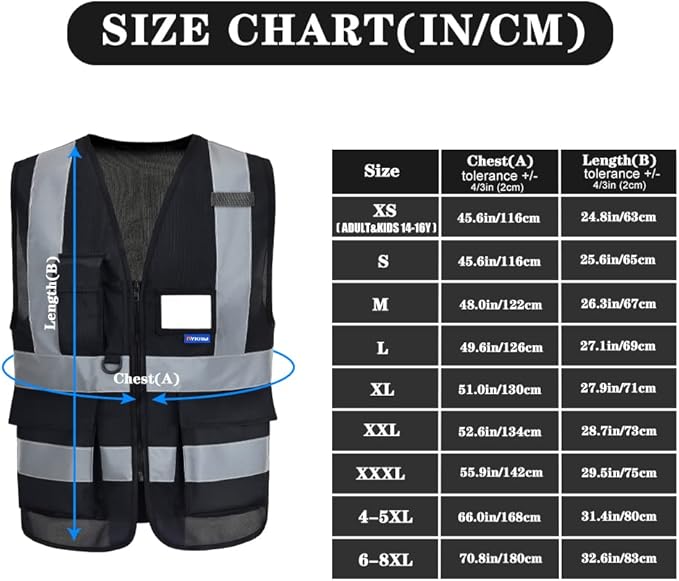 A-SAFETY 7 Pockets Hi Viz Zipper Front Working Safety Vest with Reflective Strips, Multiple Colors Available, Black S
