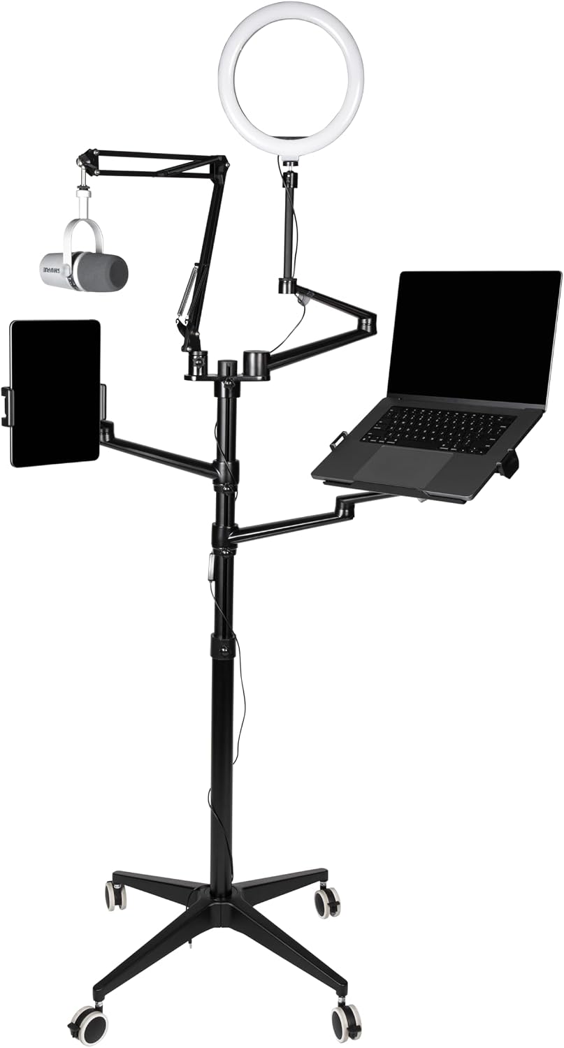 Gator Frameworks 5-in-1 Mobile Content Creator Streaming Stand with Wheeled Tripod Base – Includes Smartphone, Tablet, Laptop Clamps, Ring Light, and More! (GFW-STREAMSTAND-W)