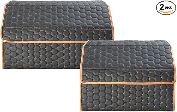 Owleys Rear Cargo Organizer For SUV | Set Of 17.7" & 21.6" Eco-Leather Crates | Foldable Car Storage With Magnetic Lids | Durable Car Trash Bin & Tote | Stylish Gifts For Boyfriend | Black-Brown
