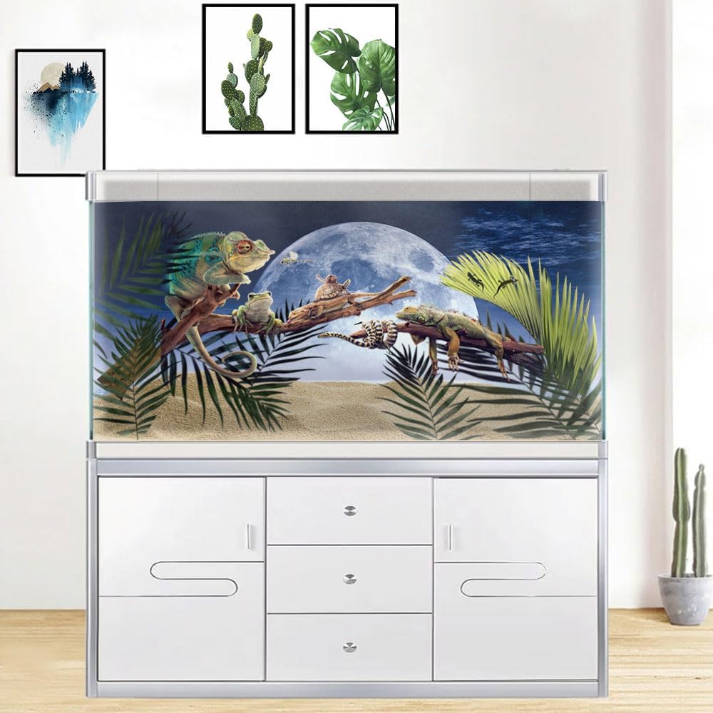 Moon Aquarium Background,Cool Sea Galaxy Parallel Space Themed Fish Tank Background, Cool Terrarium Background 48X24IN with 8 EVA Double-Sided Tape