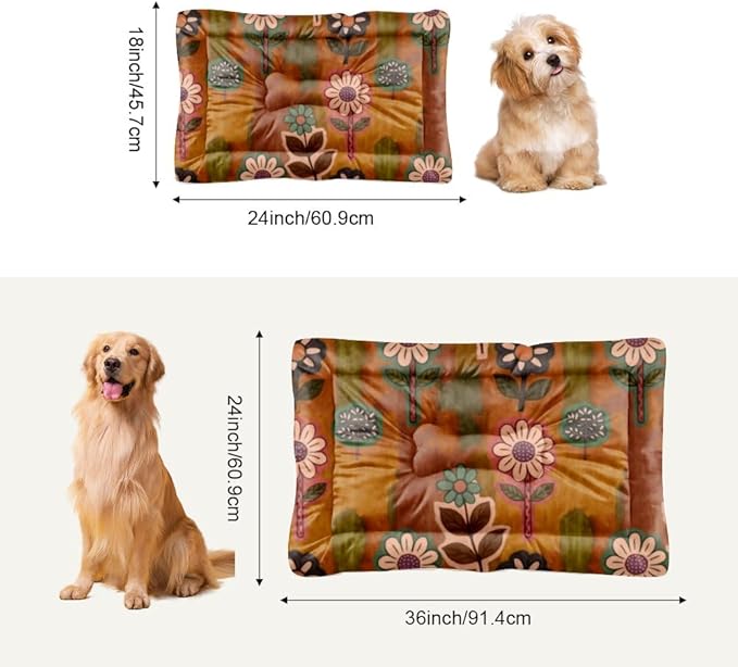 Vintage Floral Brown Cusion Dog Bed Medium Dog Comfort Bed Mat Pet Small Crate Pad Cushion for Crate Washable Non-Slip Washable for Mattress Kennel Pillow Dogs Indoor Outdoor 36X24 Inch