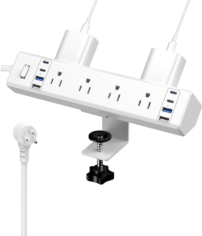 40W Fast Charging Station,Desk Clamp Power Strip,4 USB-C Ports & 8 AC Outlets,Desktop Edge Mount Surge Protector Power Strip,14AWG Heavy Duty Cord,Fit 1.9" Tabletop Edge for Home Office(6Ft Cable)