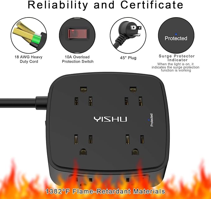 6 Ft Surge Protector Power Strip - 8 Widely Outlets with 4 USB Ports, 3 Side Outlet Extender with 6 Feet Extension Cord, Flat Plug, Wall Mount, Desk USB Charging Station, ETL,Black