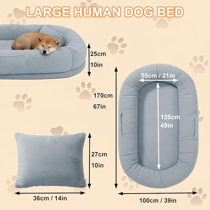 Human Dog Bed for Large Dog - Giant Dog Bed for Humans with High-Density Foam & Faux Fur Cover - Washable Bean Bag Bed Alternative for Napping, Gaming, and Pet Bonding