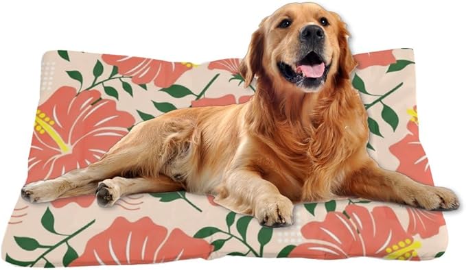 Coral Hibiscus Doggie Beds for Medium Dogs Washable Mat for Dogs Washable Kennel Pad Dog Crate Beds Non-Slip Dog Bed Crate Bed Car Mats Cages Pet Furniture Indoor Outdoor 36X24 Inch