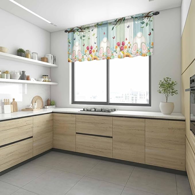 Easter Sheer Valances for Windows 42"x18", Light Filtering Kitchen Curtains