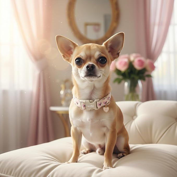 Bow Dog Collar with Pink Heart, Adjustable Cotton Dog Collar for Small Medium Large Dogs, Cute Puppy Collar for Girl Boy Dogs, Ideal for Gifts,Pet Accessory,XS