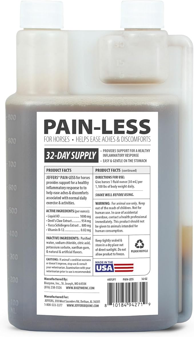 Jeffers Equine Pain-Less Vitamin Formula for Horses – 32 oz Supplement – Support Healthy Inflammatory Response, Comfort – Devil’s Claw, Yucca, and Vitamin B-12 – Gentle on Stomach – Made in The USA