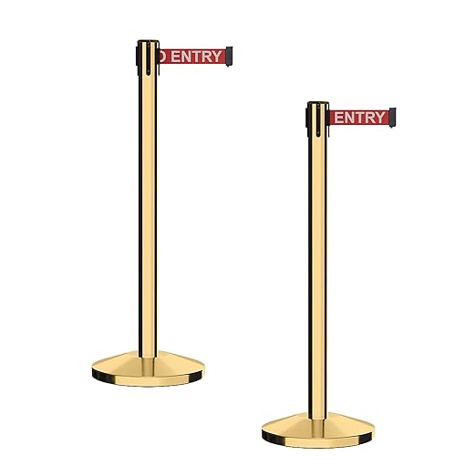 CCW Series RBB-100 - Set of 2 Stanchion Retractable Belt Barriers (9 Foot Belt, Red with"NO Entry" White Letters Belt with Polished Brass Post)