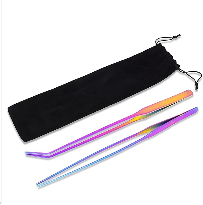 Mandala Crafts 15 Inches Rainbow Stainless Steel Straight and Curved Aquarium Tweezers for Aquatic Plants – Long Aquascape Forceps for Fish Tanks, Hospital Tanks, Goldfish Bowls, and Terrariums