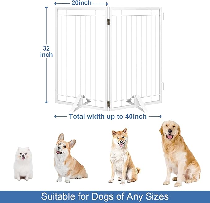 Metal Free Standing Dog Gate with Cat Door for Indoor/Outdoor,40" Extra Wide Foldable Pet Gate,32" Tall Foldable Indoor Dog Fence for Large Openings Stairs,Deck,Yard,Doorways(2 Panels,White)