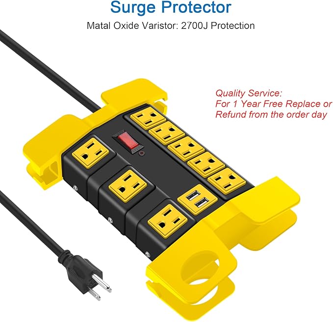 Heavy Duty Power Strip with USB, Workshop 8 Outlet Surge Protector 2700 Joules, Industrial Metal 15Amp Power Strip, 15 FT Extension Cord and Wide Spaced Black.