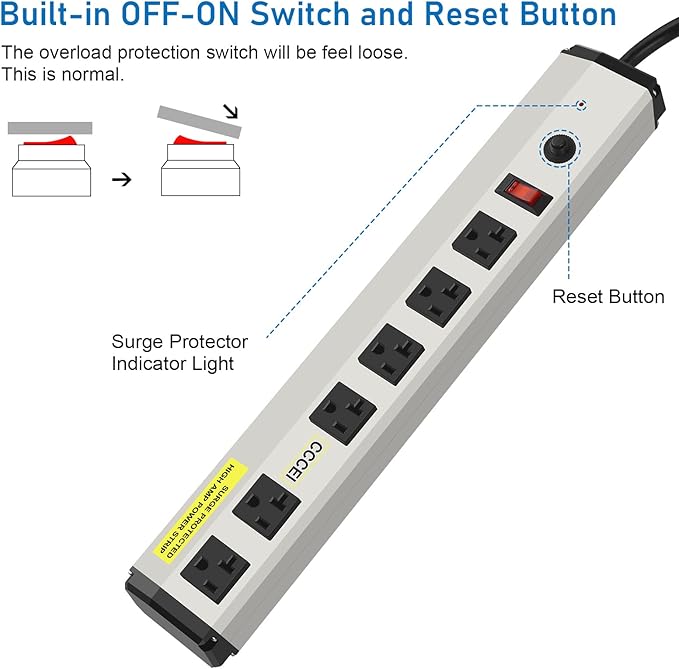 CCCEI Heavy Duty Power Strip Surge Protector 20 Amp, High Amp Industrial Shop Garage Metal Multiple Outlets, 4 FT 12 Gauge 5-15P Extension Cord 6 Outlet 6-20R T-Slot 20a for Appliance.
