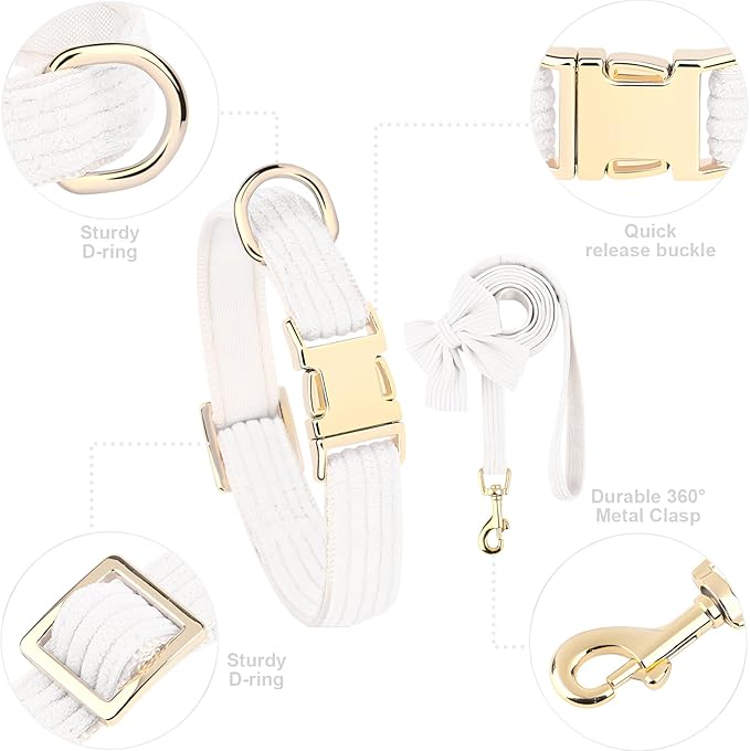 Dog Collar and Leash Set with Bowtie, Girl Dog Collars Metal Buckle Adjustable for Small Medium Dogs (White, S: Neck 10"-16" Leash 5 FT)
