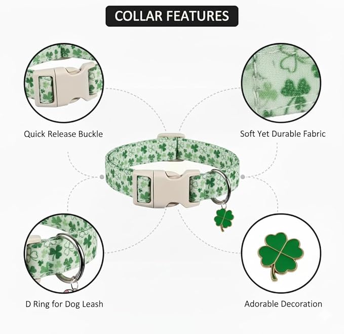 St. Patrick's Day Dog Collar, Cute Dog Collar with Green Clover Print for Small Dogs, Small Puppy Collar for Girl Dogs & Boy Dogs, S