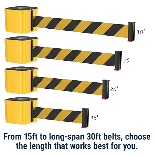 WM412 Retractable Belt Wall Mounted Smooth Black Crowd Control Barrier and Receiving End, 15' Fluorescent Yellow Belt