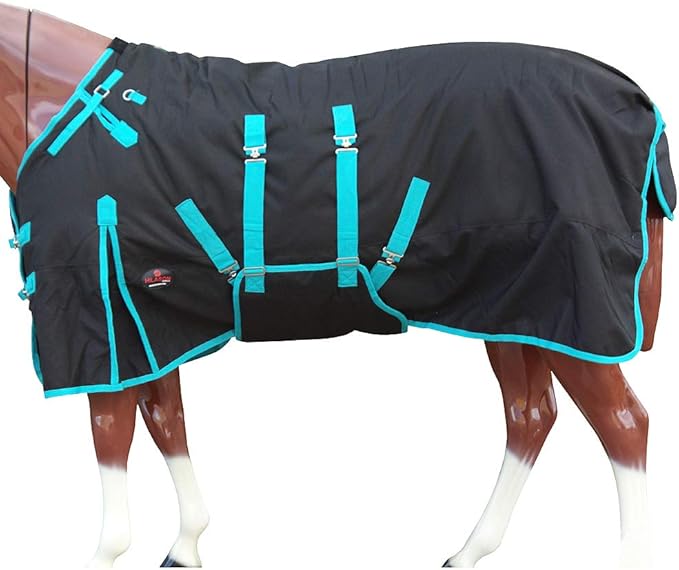 HILASON Black with Turquoise Trims 66 inch 1200D Winter Waterproof Poly Horse Turnout Blanket Belly Wrap