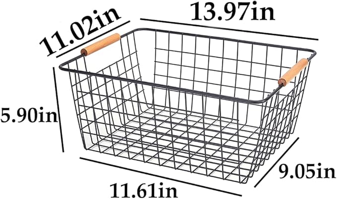 LeleCAT Large black wire baskets with Wooden Handles for storage pantry, Storage Organizer Baskets, Household Refrigerator for Cabinets, Closets, Bedrooms, kitchen - Set of 3 Black