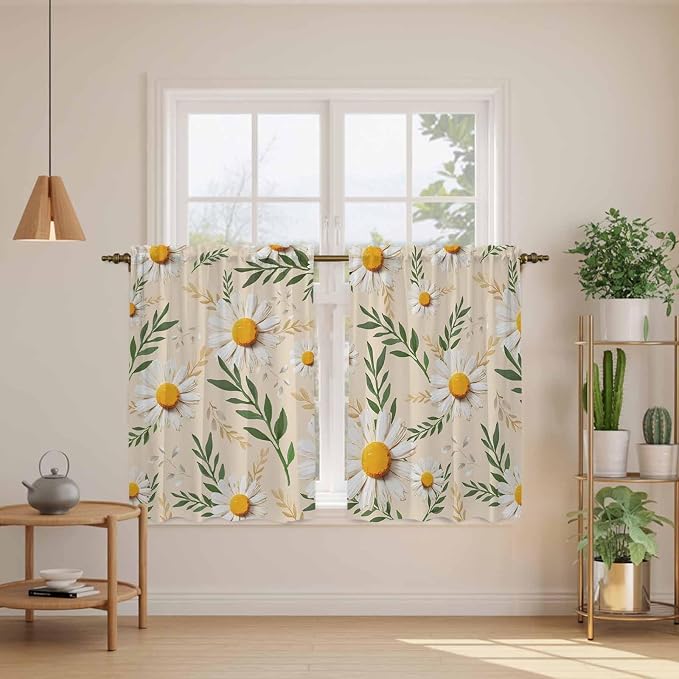 Spring Daisy Kitchen Curtains, Country Watercolor Flower Leaf Plant Light