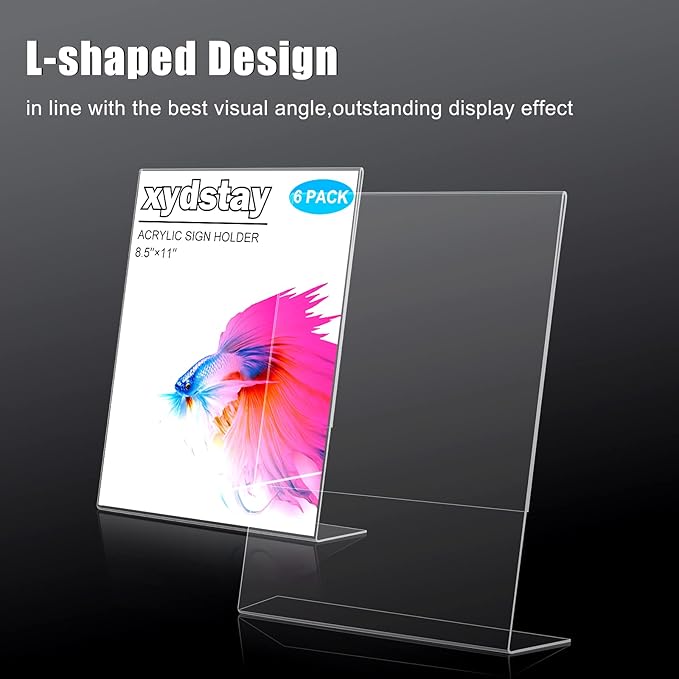 6pack 8.5x11 Acrylic, L Shape Clear Plastic, Menu Holder, Unbreakable Table sign holder for Restaurant, Office, School, Store and Home Use