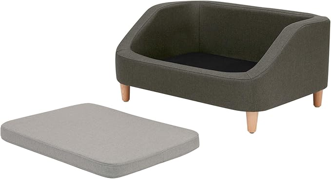 Teamson Pets Bennett 32 Inch Raised Heathered Linen Sofa Dog Daybed with Removable Cushion and Washable Cover for Cats & Small or Medium Dogs, Gray