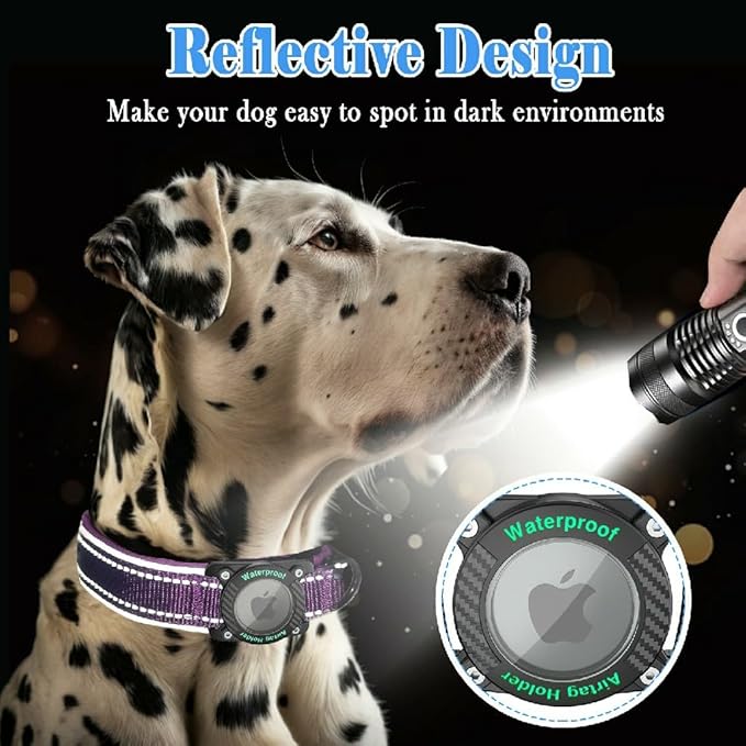 Upgraded AirTag Dog Collar, IP68 Waterproof Dog Collar with Apple Air Tag Holder, Reflective Adjustable Heavy Duty Dog Collars with Soft Padded for Small, Medium and Large Dogs,Purple, M